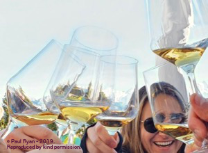 Wine glasses raised against a blue sky