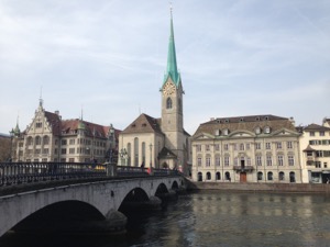 View of Kirche Fraumünster in Zurich, from across the river