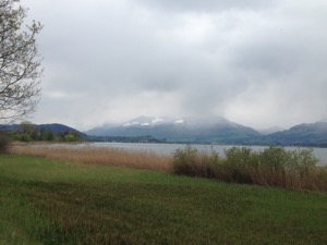 View over reeds & lake to snow covered hills