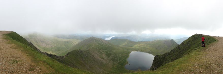 Panoramic view from the top of Helvellyn, including Swirrel Edge, Red Tarn and Striding Edge