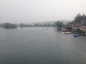 View over the Rhein in pouring rain