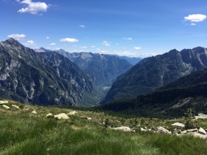 View down alpine valley Maggia, from high up the valley