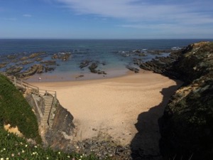 View down onto sandy cove beach, with steps leading down.