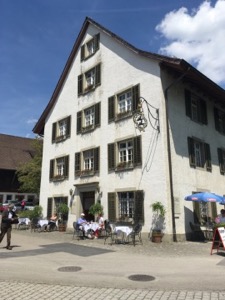 Front of white, timber framed Klosterfahr restaurant