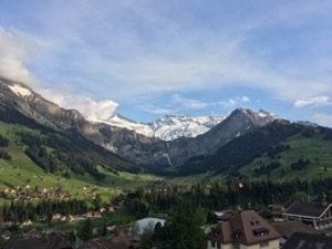 Green alpine valley, with snow-capped peaks