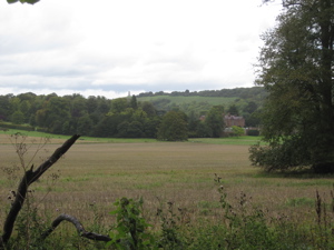 View across fields to Chequers, with Coombe Hill monument in distance