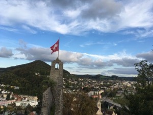 Flag flying above castle ruin in Baden