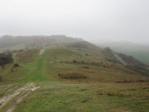 Footpath following the ridgeline, in light fog.