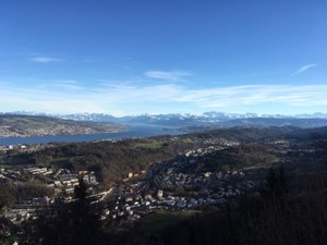 View over Zurisee on a winters day with snow covered mountains in the background