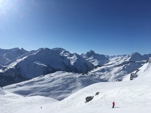 View over snow covered mountains and valleys