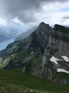 View along the top of the Churfirsten, with the peaks in clouds