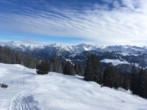 View across snow covered fields, with snow covered mountains in the distance.