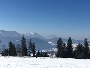 View over snow covered field with the Rigi mountain in the background