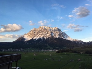 Zugspitze, bottom half in shade, top half in the setting sun.