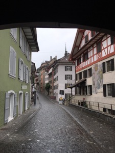 View of Baden old town with cobbled streets, taken from inside the old wooden bridge