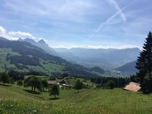 View over mountains under blue skies