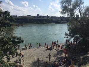 People entering the Rhein in Basel, on a bright sunny day.