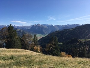 View across the mountains of the Alps, Sihlsee in the foreground