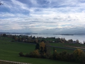 View over the Zurisee with snow capped mountains in the background