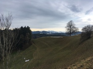 Hillside with a very small amount of snow. Mountains in the background, low grey cloud.