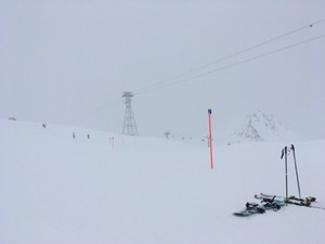 Ski slopes under a grey sky.