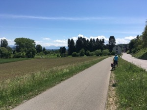 Cycle lane through fields, with blue skies and mountains just visible in the background.