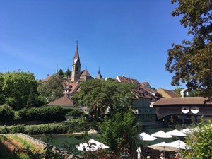 Baden church spire in bright sunshine.