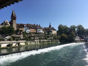 Weir at Bremgarten. Town clock in the background.