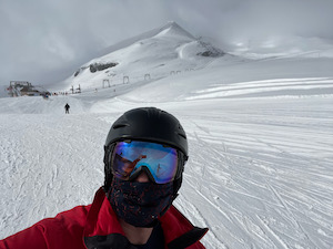 In mask and ski gear in front of the Vorab glacier.