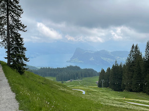 View over the Bürgenstock and Vierwaldstättersee, low clouds and grey.