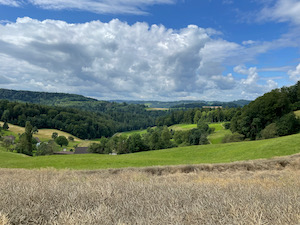 View over cornfields and rolling hills of Jura, under scattered cloudy sky