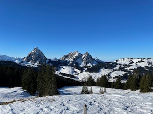 View over the Grosser & Kleiner Mythen, with the Rigi in the background. Clear blue skies, snow on
                 the ground.