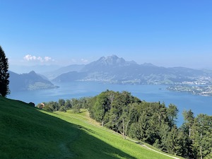 View of Pilatus from the lower slopes of the Rigi, across fields, trees and the Vierwaldstaettersee