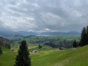 View from hill top over green fields and lake in the distance. Low grey clouds.