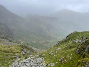 Grey, cloudy, foggy view down from Conniston Old Man