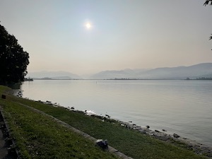 View over foggy Zurichsee, hazy mountains in the background.