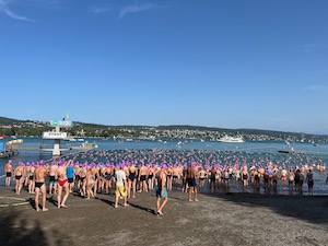 Crowd of swimmers entering the Zurichsee, all in purple swimming caps.