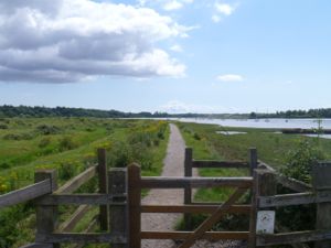 Wooden gate in footpath, next to river.