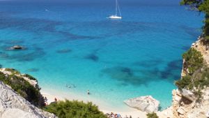 View down over Cala Goloritze - beautiful white shingle beach and turquoise waters